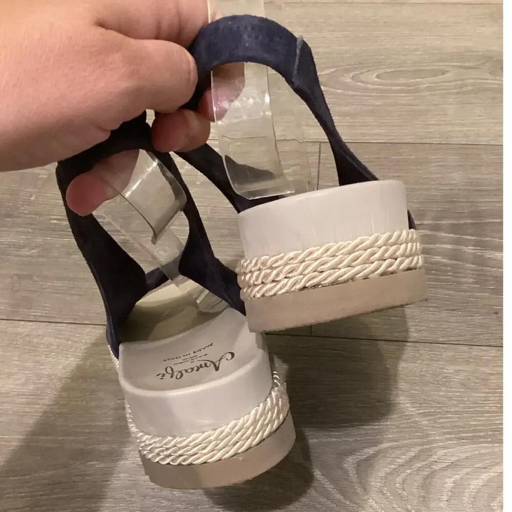 Amalfi Womens Slingback Flats 7.5 N Navy Blue White Nautical Resort Suede Sandal
